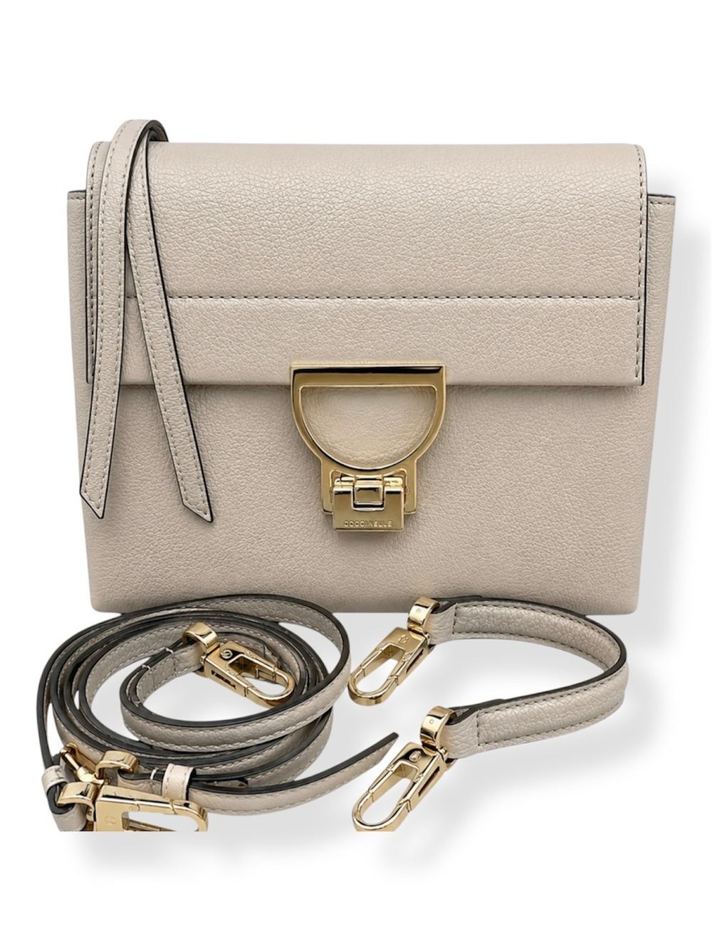 Coccinelle Arlettis Small Leather Top Handle Crossbody Clutch Bag Beige Gold